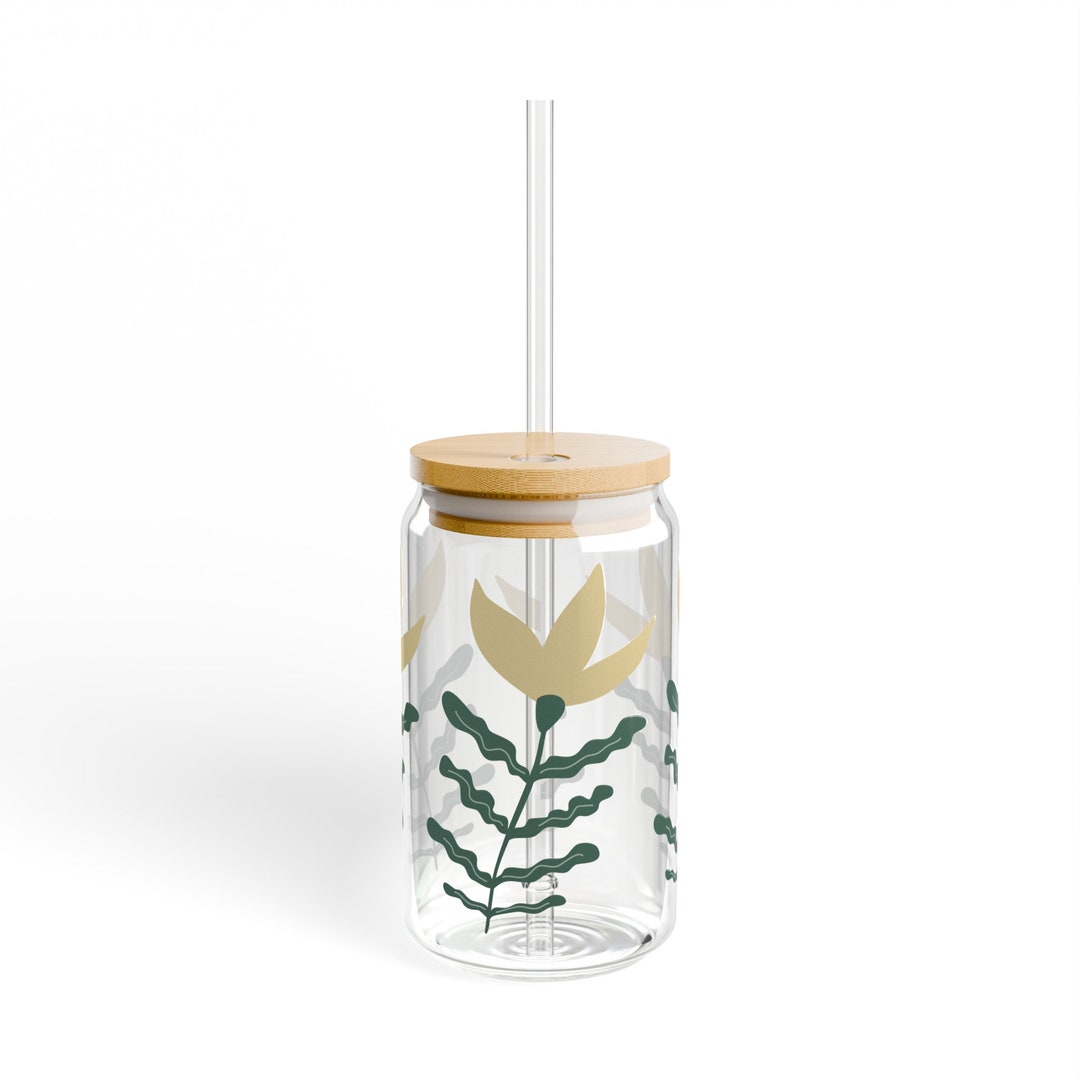 Floral Design Reusable Glass Cup With Bamboo Lid , 16oz - Etsy