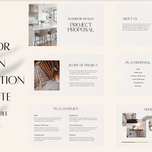 May include: A presentation template for interior design projects. The template includes a mood board, plan overview, scope of project, and plan proposal. The template is fully editable.