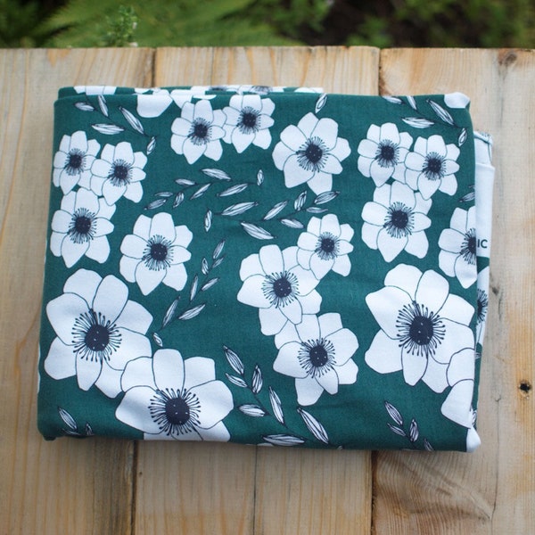 Forest Green Anemone Print Fabric - Flower Print Organic Cotton - Stretch Jersey Knit Fabric