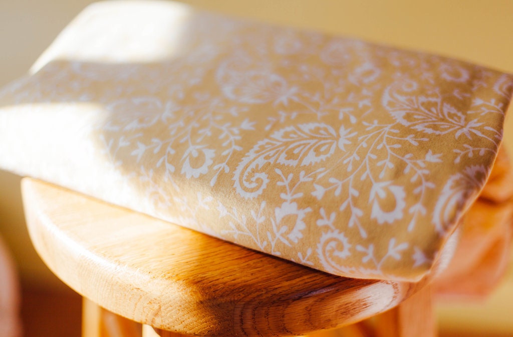 Stretch Jersey Fabric Gold Paisley Naturally Dyed Organic Cotton Prints