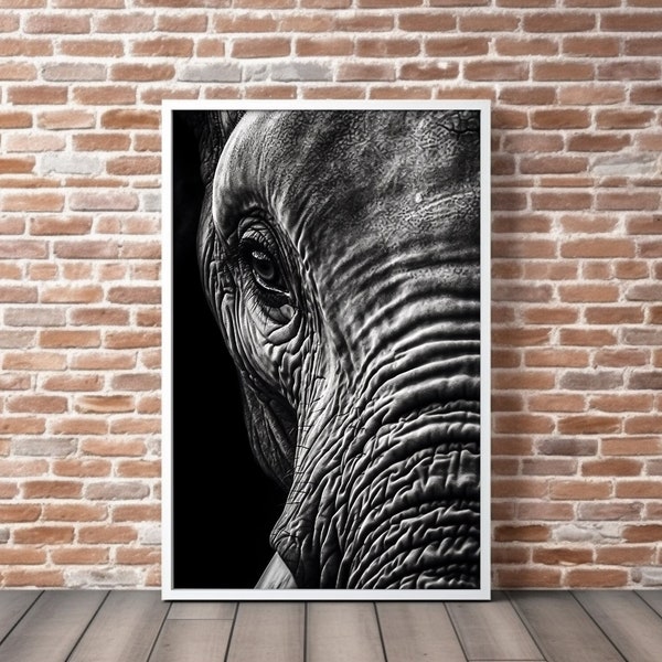 Elephant Printable Art, Black and White Elephant Poster, Nature Wildlife Wall Art, Jungle Woodland Printable Digital Download, 300 DPI