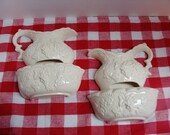 Farm house style White bowl and Pitcher wall pocket Pair Decorama Inc. Japan grape leaf design ceramic