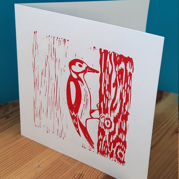 Woodpecker Lino Cut Print Card, Original Artwork Greetings Card