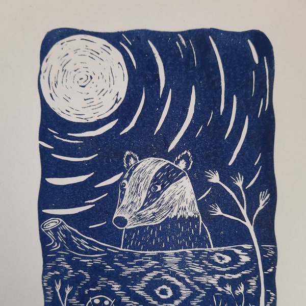 Badger Moonlit Night Lino Cut Print, limited edition Garden Animal Wall Art