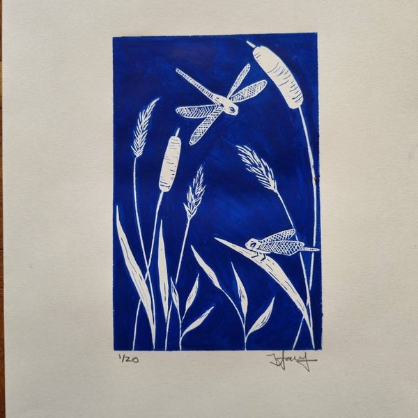 Dragonfly Lino Cut Print, limited edition pondlife bullrushes and reeds Garden Wall Art