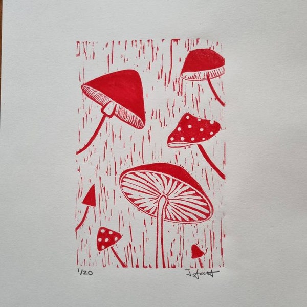 Toadstools Lino Cut Print, limited edition Mushroom Garden Wall Art