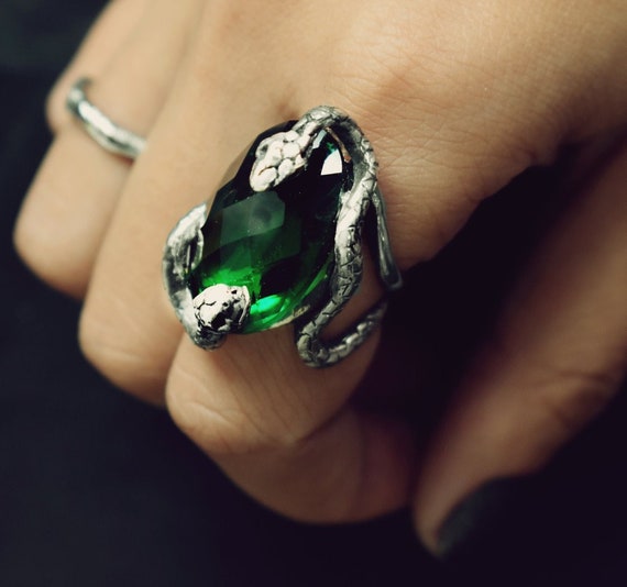 women snake ring gift for him silver Garnet ring Statement Ring green oval diamond ring 5ct 14k yellow gold over snake ring