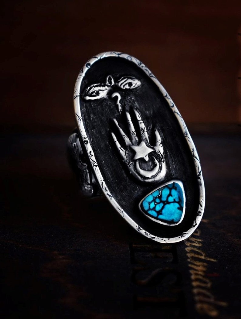 Star and Moon Hand Ring Symbolic Ring Mythology Lovers Ring Historical Ring Silver Turquoise Norse Ring Star Symbol Ring Tribal Ring