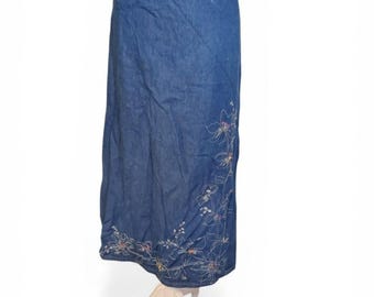 Falda larga vaquera vintage de los 90 con bordado floral y estilo caprichoso, talla 16 para mujer.
