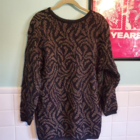 Vintage Black Gray Patterned Long Line Mohair Ble… - image 6