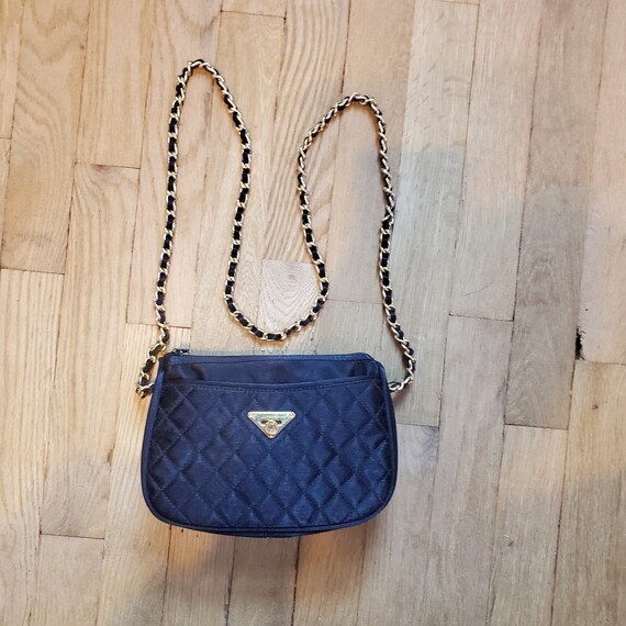 Vintage 90s 1990s Black Quilted Gold Chain Detail Mini Bag 