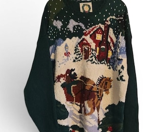 Vintage 90-tals festlig god jul vinter snö hästscen stickad tröja