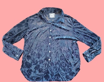 Vintage 80s 90s Slate Blue Velvet Sheer Long Sleeve Blouse Top Floral Pattern