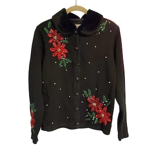 Vintage 90s Victoria Jones Black Red Poinsettia Embroidered Fur Trim Cardigan