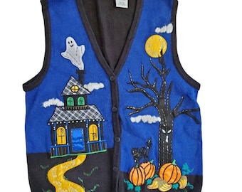 Halloween Haunted House Sweater Vest Vintage 90s Blue Black Pumpkin Cardigan