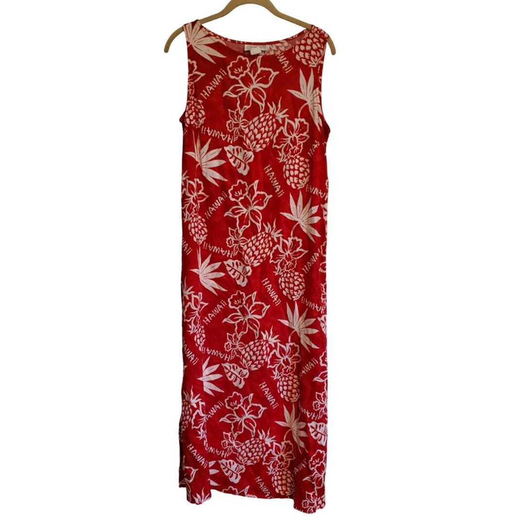 Vintage 90s Red White Hawaiian Tropical Floral Tank Dress Women's Size ...