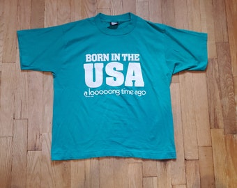 Vintage 90s 1990s Funny Born In The USA Single Stitch Graphic T Shirt Tee Teal Short Sleeve