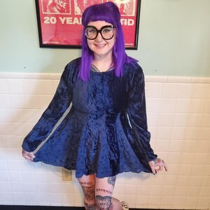 Vintage 90&#39;s Grunge Whimsical BLue Velvet Long Sleeve Dress FLowy Tunic Top