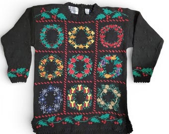 Signature by Northern Isles Vintage Hand Knit Wreath Christmas Sweater