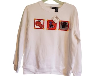 Felpa girocollo bianca vintage Y2K Deadstock di Halloween con pipistrello Jack O&#39; Lantern