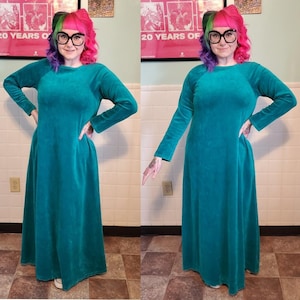 Vintage 1980s Solid Teal Terry Cloth Lone Sleeve A Line Maxi Dress Size Medium