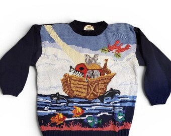 Suéter vintage con estampado del Arca de Noé de los 90, con bordados de peces, ballenas y otros animales.