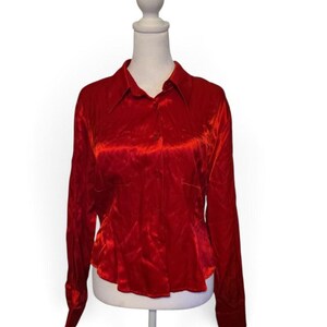 Vintage 90s Y2K Cherry Red Long Sleeve Button Up Blouse Top Gothic Corpcore