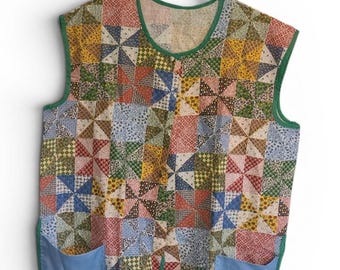 Vintage jaren 70 stijl blauwe patchwork bloemen smock top met knoopsluiting aan de voorkant, mouwloos