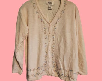 Vintage 90s Coquette Feminine Cream Pastel Floral Cardigan Sweater Size Large
