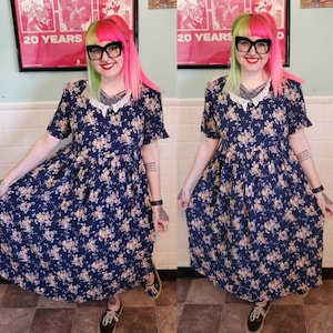 Vintage 1980s Blue Tan Floral Short Sleeve A Line Lace Collar Maxi Dress