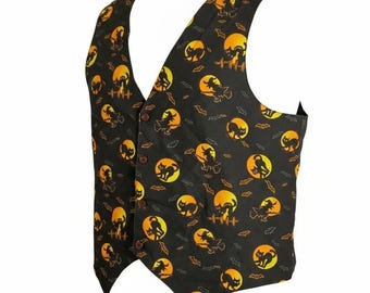 Kamizelka z wzorem na Halloween w stylu vintage z lat 90., pomarańczowo-czarna, z czarnym kotem i wiedźmą w pełni księżyca