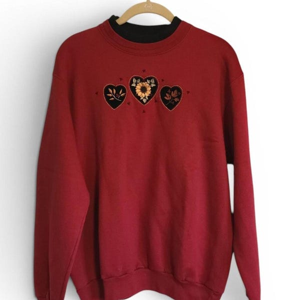 VIntage 90s Cottagecore Grandma Pullover Crew Neck Sweatshirt Sunflower Hearts