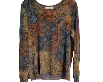 Top a maniche lunghe trasparente vintage Y2k Susan Bristol blu dorato giallo grunge