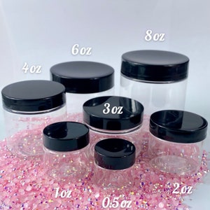 2oz, 3oz, 6oz, 8oz Clear Containers With White Screw on Lids. 