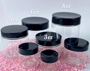 Clear Plastic (PET) Straight Sided Wide Mouth Containers | Black Screw On Lid | .5, 1, 2, 3, 4, 6 & 8 ounce | 1 Container Plus 1 Lid