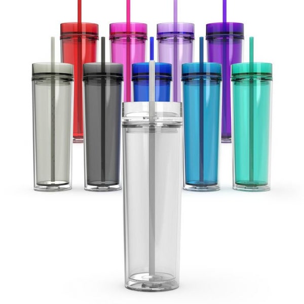 Maars 16oz Acrylic Skinny Tumbler - Available in 8 colors - Clear| Red| Purple |Smoke | Lavendar | Mint | Blue | Pink - Double Wall w/ Straw