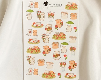Flower Garden Cat Sticker Sheet, flower fields, cute kawaii stickers, bullet journal, planner, spring, summer aesthetic, tulip, roses