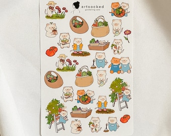 Foglio di adesivi "Gatti da giardinaggio", adesivi carini e estetici per il giardino, bullet journal, planner, kawaii, adorabili, stile cottagecore, piante, fiori/floreali