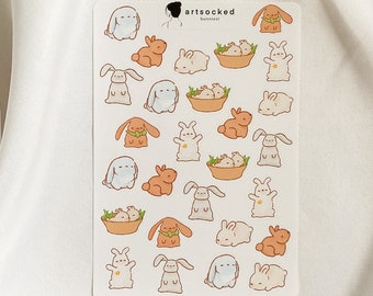 Bunnies Sticker Sheet, cute kawaii rabbit bunny stickers, bullet journal, planner, soft aesthetic, spring, flowers, pet animals, adorable