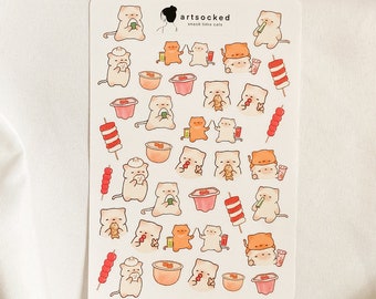 Snack Cat Sticker Sheet, Cute Kawaii Aesthetic Stationery, Bullet Journal,  Planner, Yummy Asian Food, Soft Aesthetic, Adorable, Market 