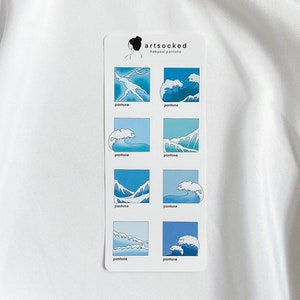 Ozean Pantone Sticker Sheet, Kunstgeschichte niedliche ästhetische Sticker, Bullet Journal, Planer, blau, bunt, Hokusai, artsy, Meer, Wellen