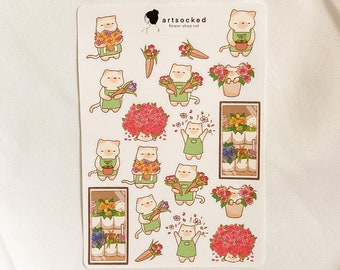 Flower Shop Cat Sticker Sheet, cute adorable stationery, aesthetic, kawaii animal stickers, for bullet journals planners laptop, waterproof