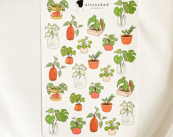 Houseplant Sticker Sheet, cute aesthetic plant stickers, bullet journal, planner, green, laptop, monstera, succulent, pothos, plant shop