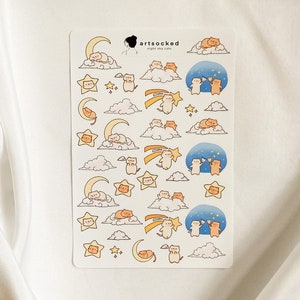 Stickervel Night Sky Cats, schattige esthetische kittystickers, sterren, ruimte, planeten, esthetiek, kawaii, bullet journal, planner, journaling