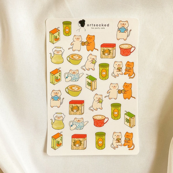 Tea Party Cat Sticker Sheet, cute kawaii aesthetic stickers, planner, bullet journal, drink, food, cozy drinks, floral, kittens