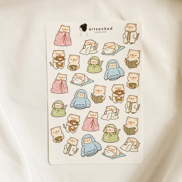 Comfy Cats Sticker Sheet, cute cozy kawaii adorable stationery, aesthetic stickers for bullet journal, planner, laptop, water bottle