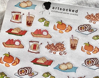 Asian Childhood Snacks Sticker Sheet; cute Chinese Korean grocery store food desserts dim sum boba bubble tea fruit candy kawaii aesthetic