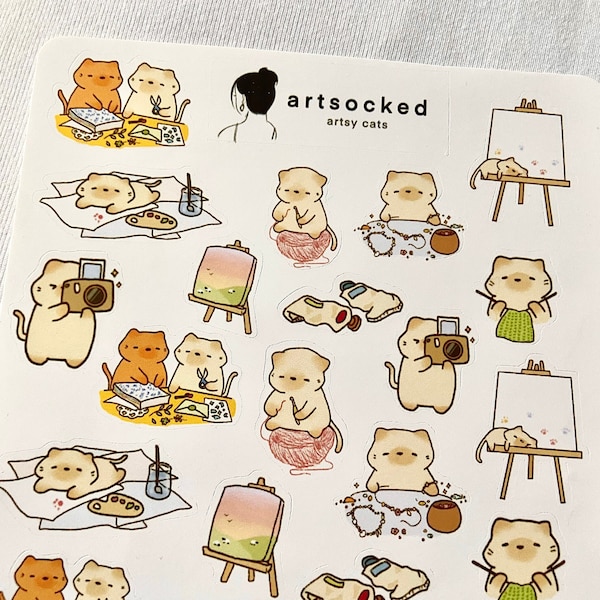 Artsy Cats Sticker Sheet, cute aesthetic cat stationery for bullet journaling, planner, laptop, fun kawaii adorable art hobbies college