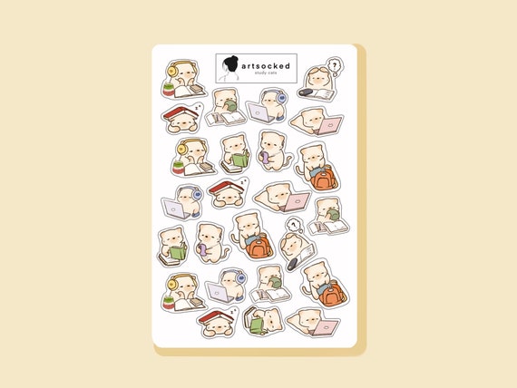 Study Cats Sticker Sheet, cute aesthetic lazy sleepy cat stationery bullet journaling planner stickers school college academia kawaii