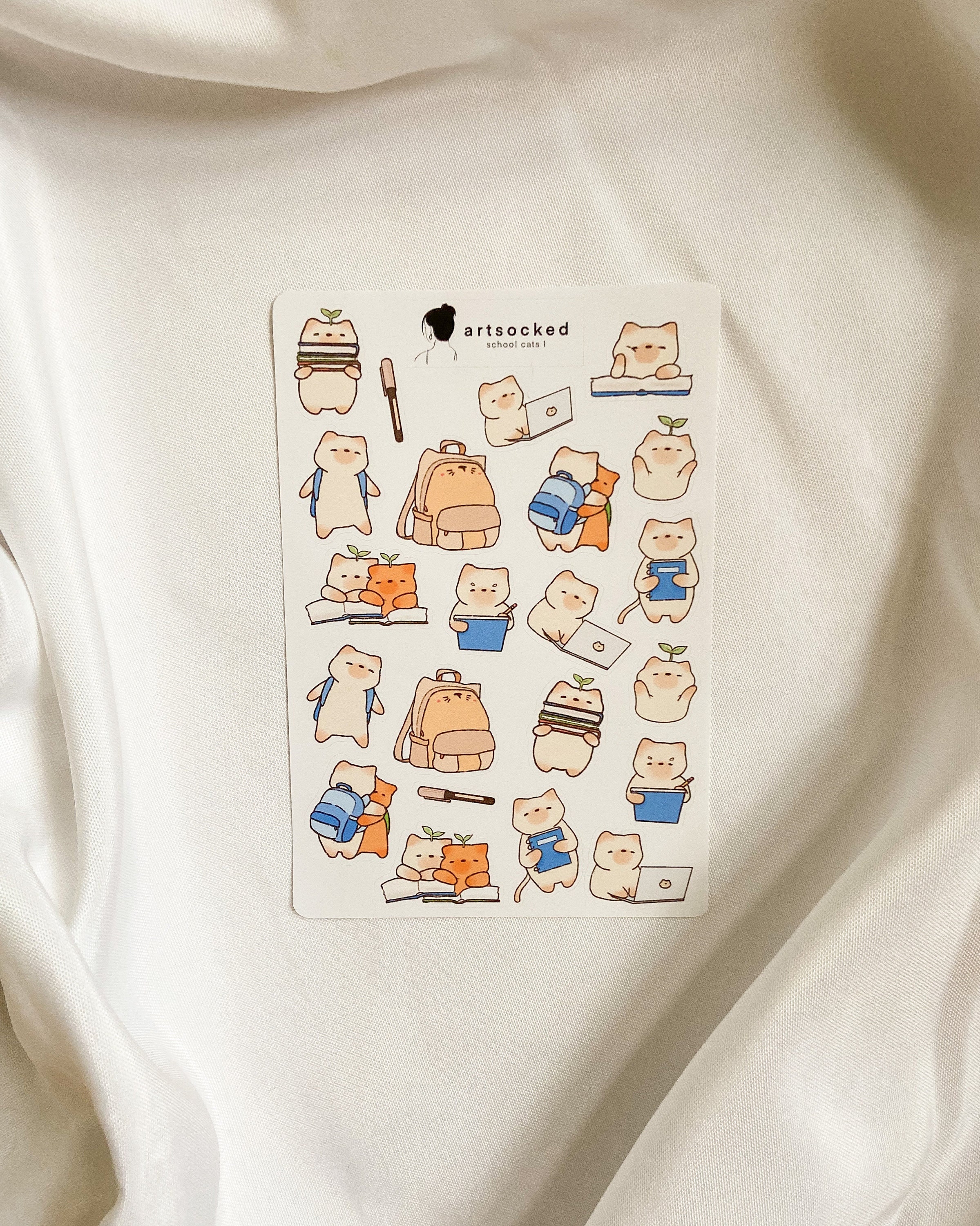 School Cats Sticker Sheet, cute kawaii aesthetic stickers, bullet journal, planner, journaling, academia, teacher, college, kittens